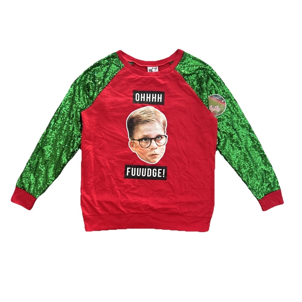 Christmas Story Oh Fudge Sequin Sleeve Ugly Xmas‎ Sweatshirt NWT Youth L 11/13